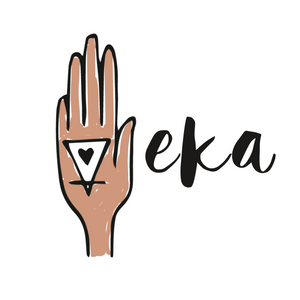 hand showing a symbol with earth triangle and eye inside with the brandname EKA next to it