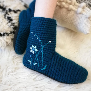 Slipper Socks With Embroidered Flowers - Adults-Slipper Socks-EKA