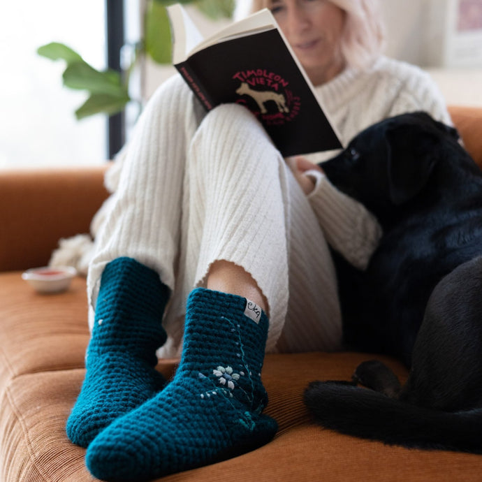 Slipper Socks With Embroidered Flowers - Adults-Slipper Socks-EKA
